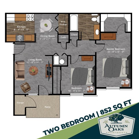 Floor plan for 2 beds, 1 bath, 852 sqft